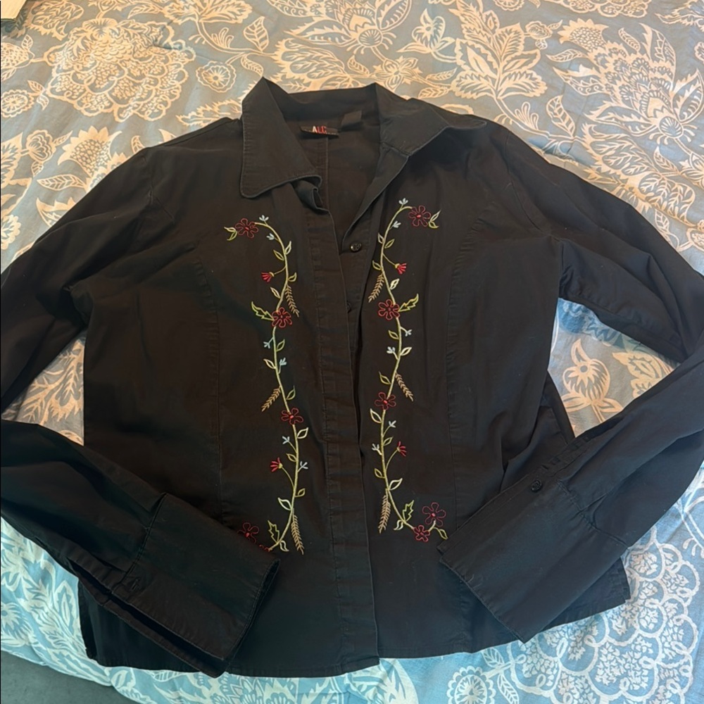 Black Embroidered Button-Up Shirt